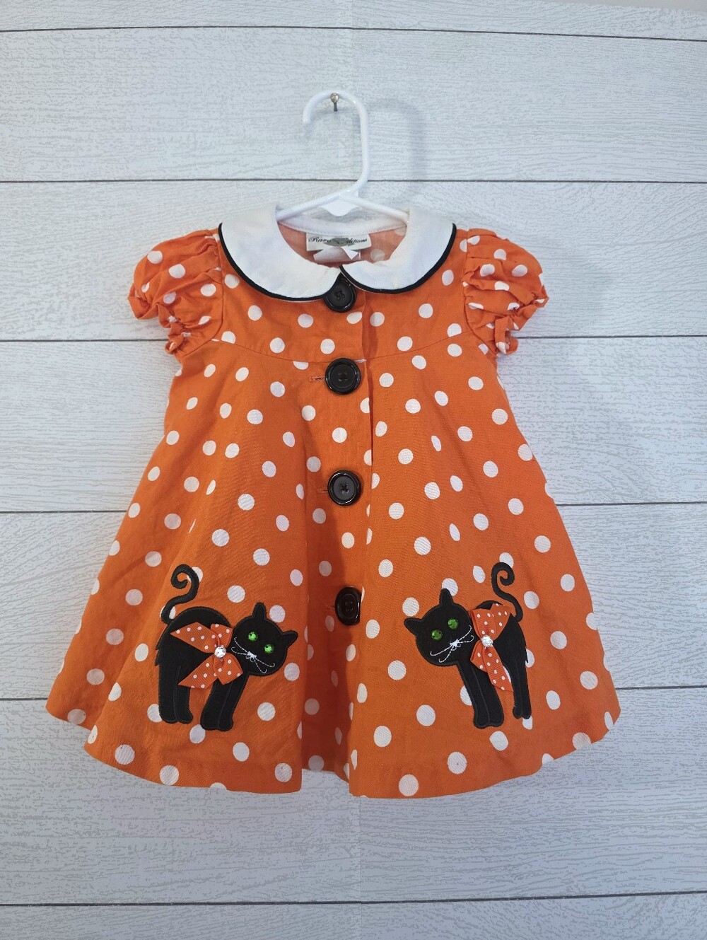 Rare Editions Baby Girl Orange Polka Dot Black Cat Halloween Dress Collar 9 Mo